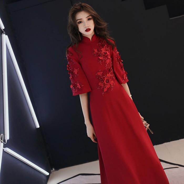 ロングドレス 結婚式 演奏会 パーティードレス キャバドレス 大きいサイズ 体型カバー 着痩せ 発表会 披露宴 イブニングドレス 袖あり フォーマル ワインレッド