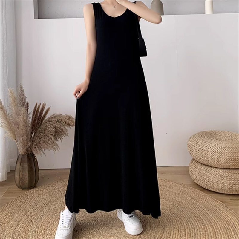 ワンピース ロングスカート ロング ロング丈 黒ワンピース ノースリーブ Vネック Aライン ミッドウエスト かわいい 上品 おしゃれ お洒落 かっこいい レトロ 大人女子 こなれ感 主役級 甘い