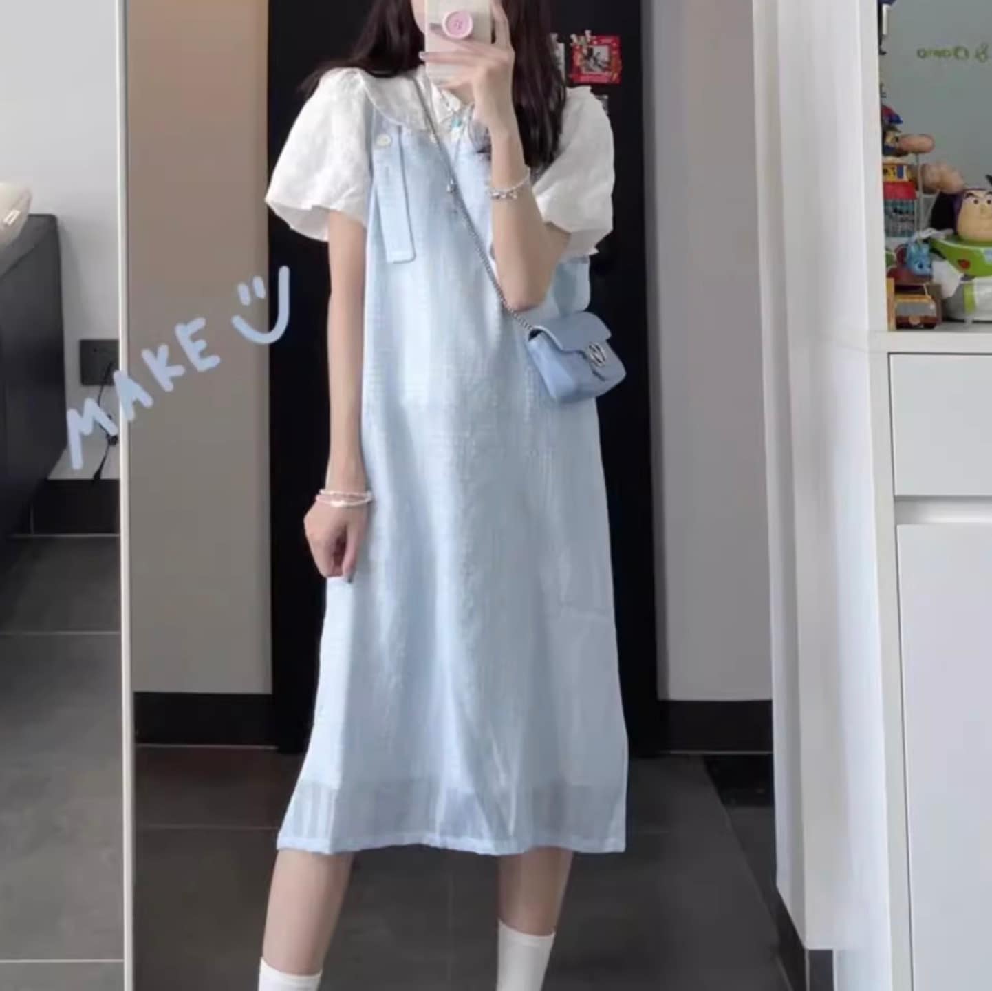 レディース トップス ワンピース ブラウス セットアップ デート 白トップス ワンピドレス 膝丈 ひざ丈 袖あり 半袖 襟付き ストレート 切り替えデザイン 2点セット かわいい 大人可愛い 6,494円