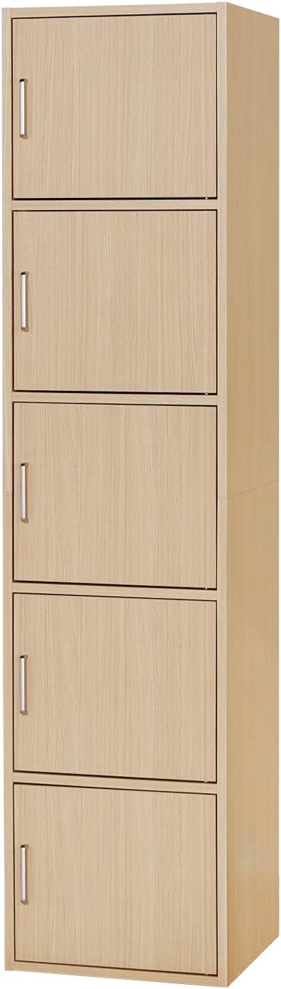 ラック ストッカー 5段の扉付き収納 同シリーズで組み合わせ自由自在 一人暮らしの部屋や狭いスペースにぴったりサイズ ナチュラルブラウン木目柄 ベーシックデザイン