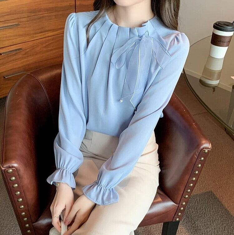 トップス ブラウス レディース 長袖 パフスリーブ ラウンドネック 襟なし 切り替え フェミニン 韓国風 プリーツ シフォン フリル リボン 透け感 コンサバ かわいい 大人可愛い きれいめ 上品 お