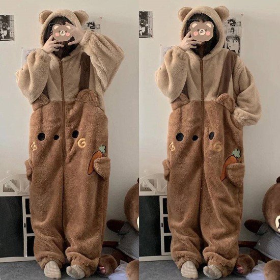 ルームウェア レディース パジャマ ホームウェア 部屋着 おうち服 着ぐるみ フード付き くま クマ アニマルモチーフ 可愛い 厚手 冬 暖かい フロントジッパー ナイトガウン