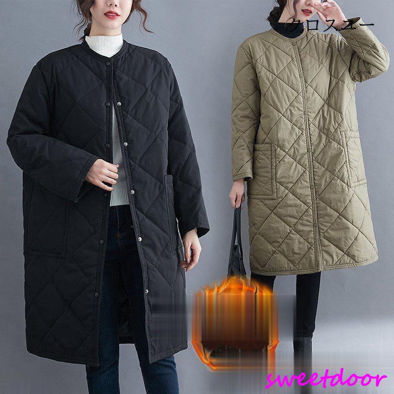 キルティングコート ロングコート レディース アウター 膝丈 防寒 ダウン 中綿 秋 冬アウター 長袖 冬服 キルティング ノーカラーコート 暖かい