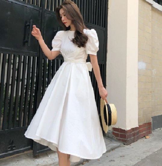 【取寄：納期2週間】ロングワンピース 夏 大きいサイズ 半袖 ワンピース ロング パフスリーブ 韓国 フレア