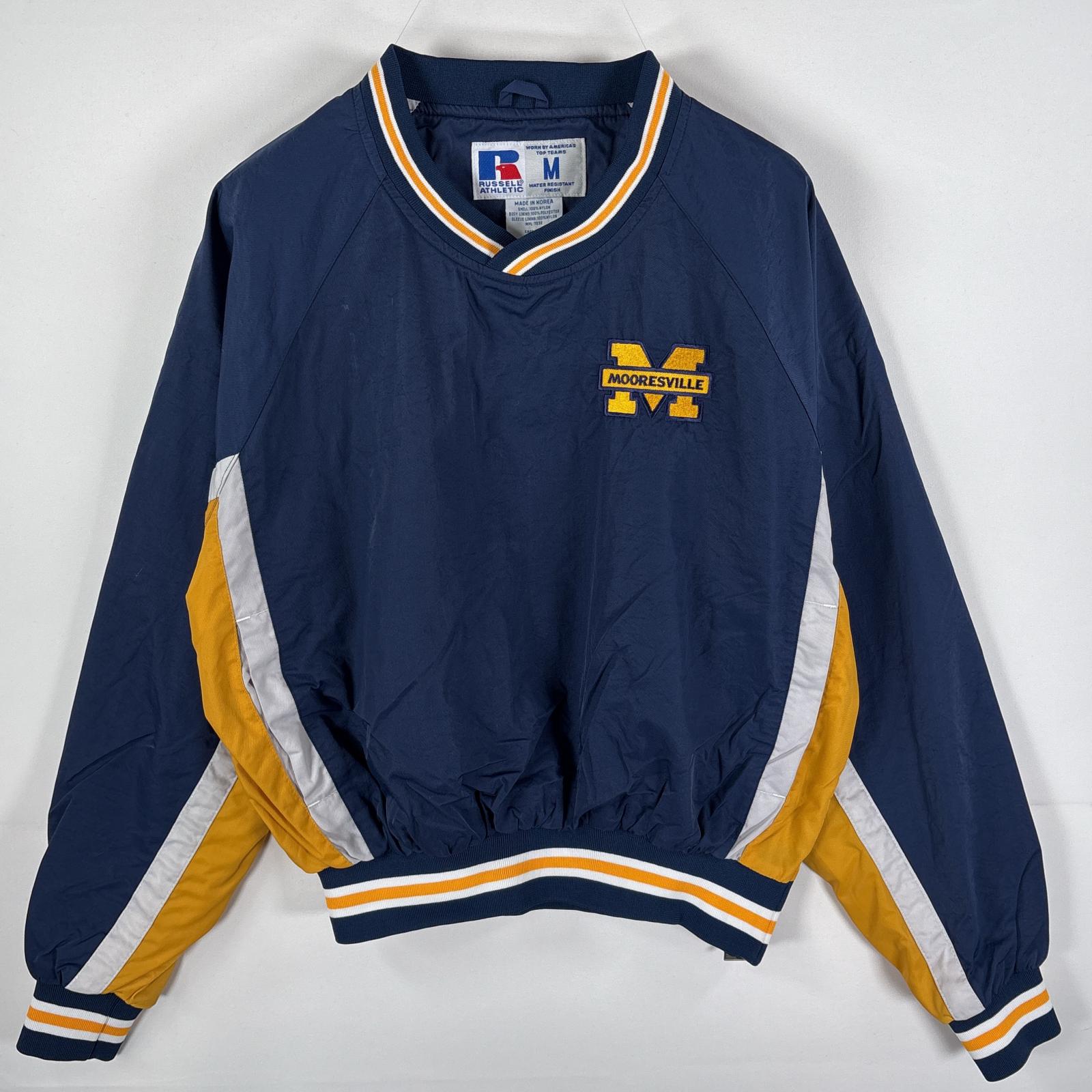 古着 90s/90年代 ナイロンプルオーバー Vネック 短丈 MOORESVILLE ロゴ刺繍 M ネイビー イエロー メンズ