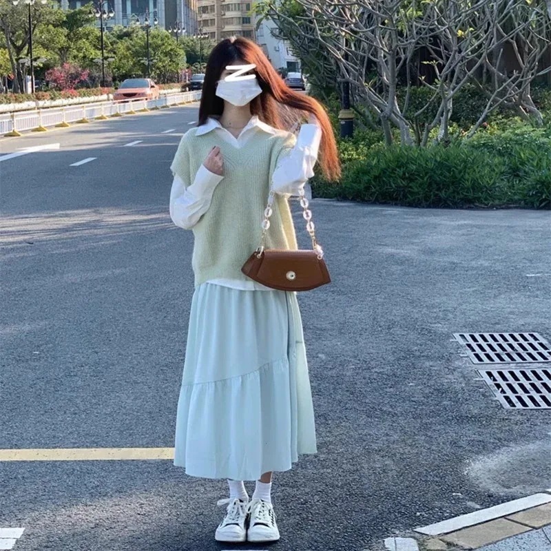 10%セットアップ 韓国ファッション ブラウス ベスト ロングスカート 3点セット デザイン 韓国 おしゃれ 百掛け 質感