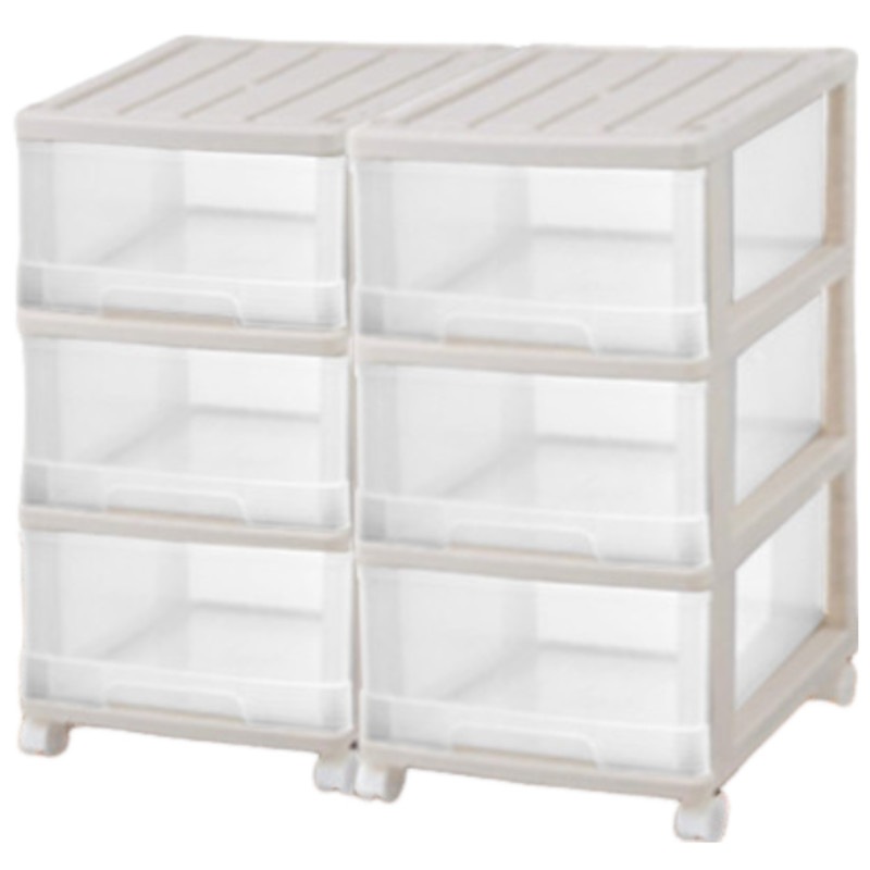 収納ケース プラスチック 引き出し 深型３段 ２個組 おしゃれ ベージュ／クリア キャスター付き