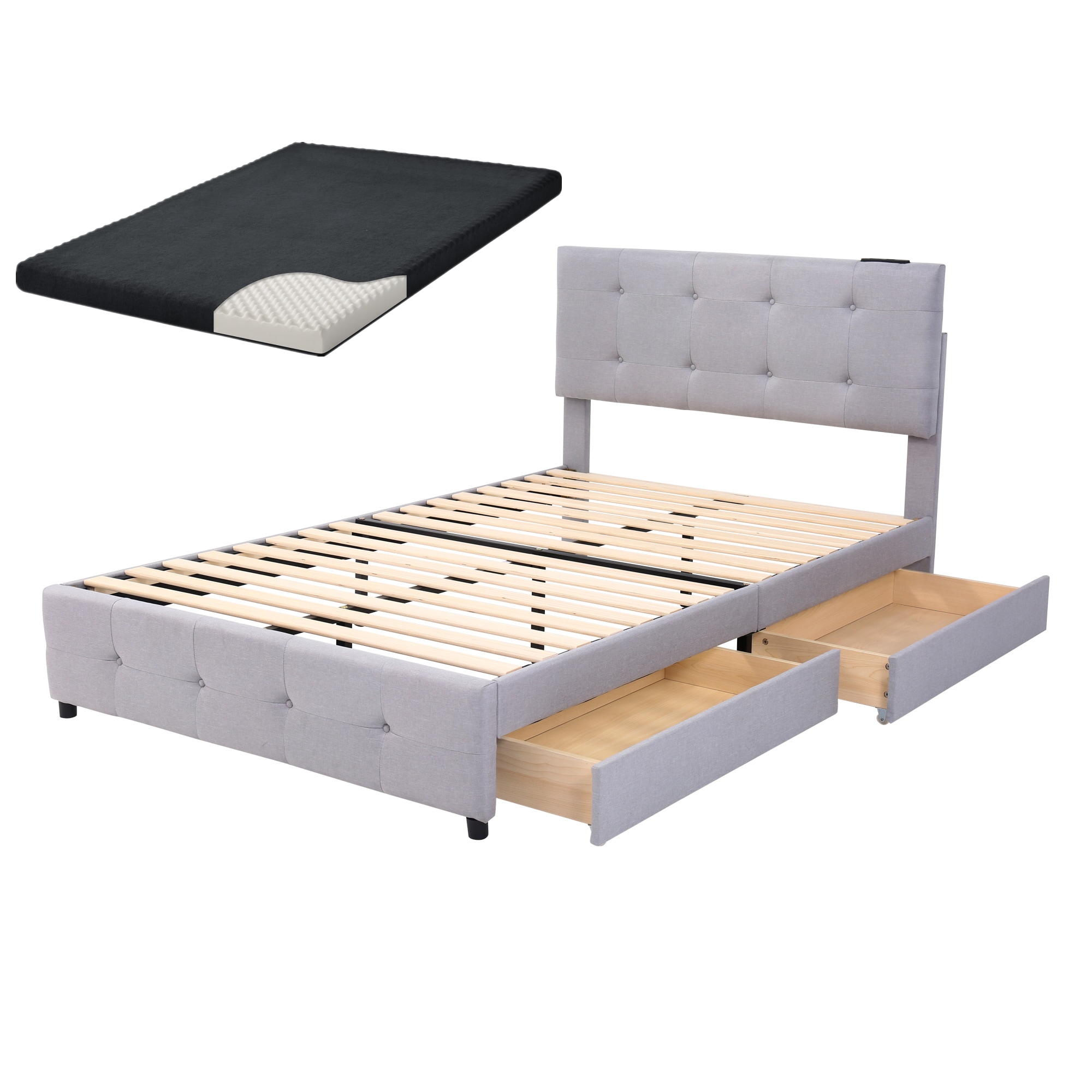 【厚さ10cmマットレス付き】ファブリックベッド セミダブル 引き出し付き 布貼りベッド 木製 アイアン 大人用 組立簡単 下収納 すのこベッド 耐震 ベッド 北欧風 おしゃれ ライトグレー