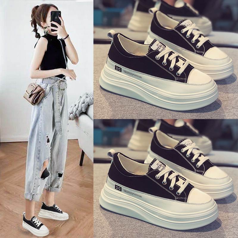 厚底スニーカー レディース プラットフォーム シューズ ボリュームソール ラウンドトゥ ロゴタグ ロゴ入り レースアップ ローカット 歩きやすい 履きやすい PU キャンバス シンプ 大人可愛い 韓国 8,204円
