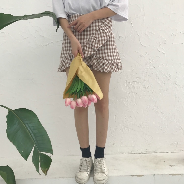 3052.ギンガムチェック柄ミニ丈パンツスカート（ホワイト）