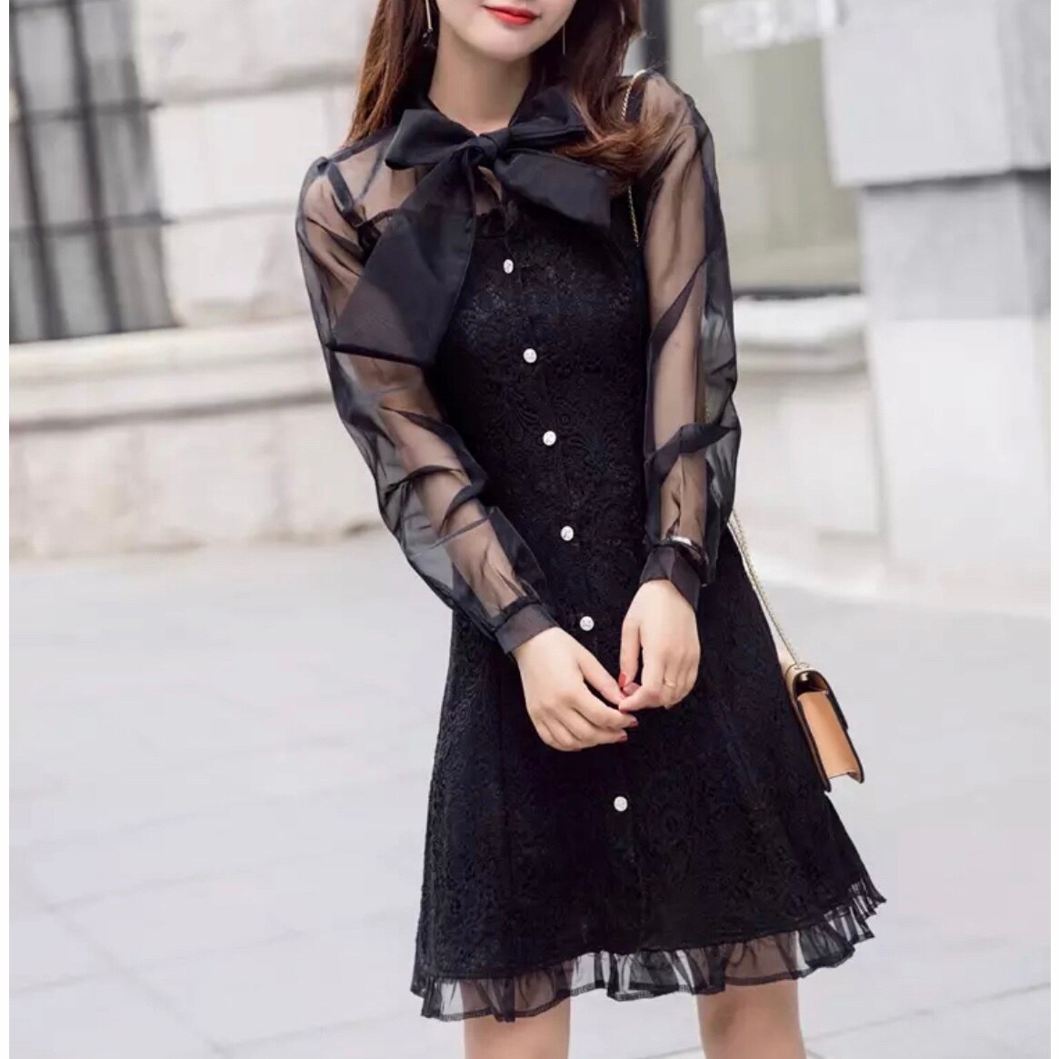 2色 リボン ワンピース 長袖 春夏 かわいい 低身長 フォーマル aライン aライン Aライン ワンピドレス 膝丈 ひざ丈 膝上 膝下 ミモレ ミモレ丈 袖コンシャス フレア セミフレア Aライン