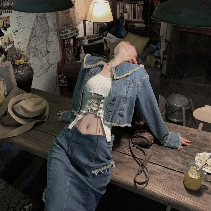 レトロ 切りっぱなし デニムコート 3点セット レディー 春の新作 フィッシュテールスカート ストライプシャツ セット 5,129円