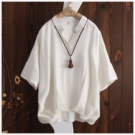 トップス Tシャツ レギュラー丈 半袖 ドルマンスリーブ ラウンドネック 襟付き ワイド 綿 麻 かわいい 大人可愛い きれいめ シンプル カジュアル 上品 おしゃれ アジアン エスニック 大人女子