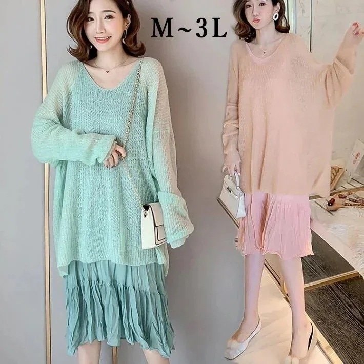 ニットセットアップ 　ニットワンピース風　2点セット　ドルマンニット　ニット　シフォン　ワンピース　 セットアップ ノースリーブ　キャミワンピース　ロング丈　マタニティワンピース 長袖 　M L