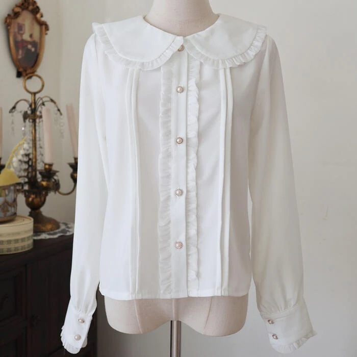 【急速出荷】ロリータ ブラウス シャッツ レディース 長袖 丸襟 フリル シンプル Lolita クラロリ ロリィタ ドールカラー 可愛い かわいい ロリータファッション