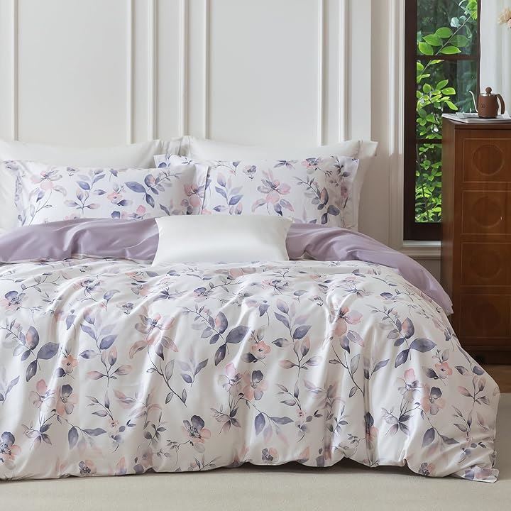 布団カバーセット 4点セット 通気性 60番手高密度織り オリジナル柄デザイン ベッドカバーセット おしゃれ 枕カバーx2 掛け布団カバーx1(Alvora, シングル・S)