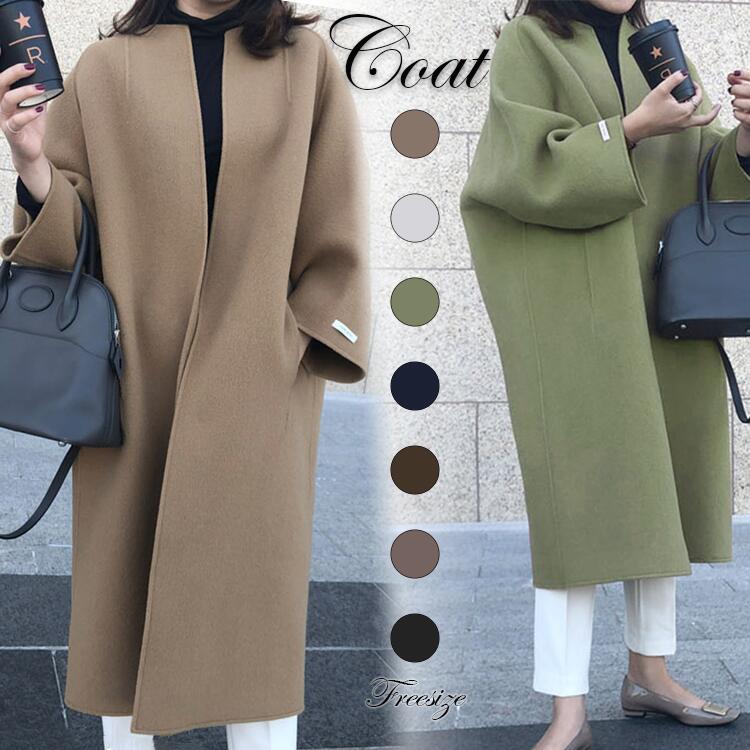 レディースコート ノーカラー ロングコート レディース 長袖 チェスターコート スタンドノーカラー ロング丈 暖かい 膝下丈コート 大人 上品 用 アウター 秋冬 コットン 綿 着せ 体型カバー シン