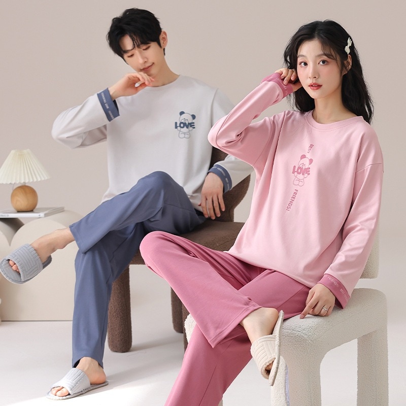 韓国風のカジュアルな純綿のカップルパジャマレディースの春と秋の甘いスタイルのプルオーバー長袖メンズのゆったりしたホームウェア外で着用できます
