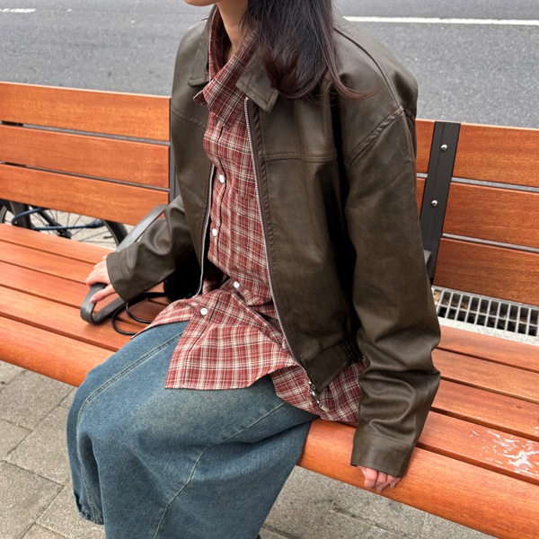 韓国ファッション ツーウェイファスナー カラー クロップ レザー レザー ジャケット