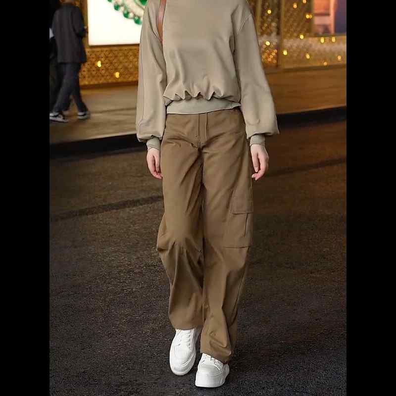 レディース ファッション オシャレ カワイイ シンプル 人カワイイ きいサイズ 茶色 薄手 ポケット ハイウエスト ロング パンツ ストレート