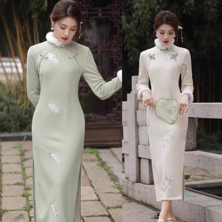 新しい中国風の国民風の婦人服冬のベルベットと厚みのある改良されたチャイナドレス若いスタイルのスリムフィットロングスカートは毎日着用できます
