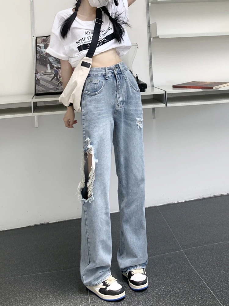 ストレートジーンズレディース春新しいハイウエストデザインlセンスワイドレッグドラッグパンツ潮イン