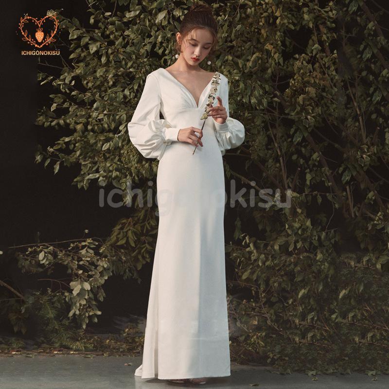 Vネック 長袖 袖あり ウェディングドレス ウエディングドレス ゆったり マーメイドドレス 花嫁ドレス トレーン ロングトレーン 前撮り 二次会ドレス