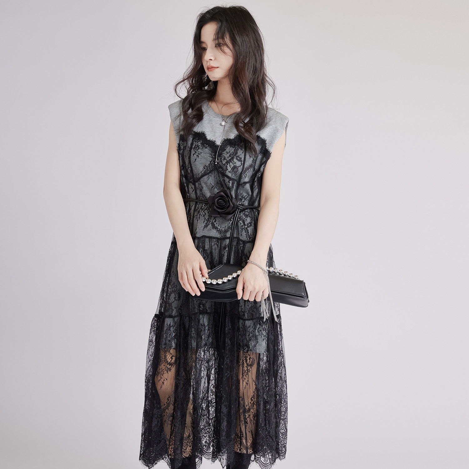 Tシャツ袖なし2wayワンピースレース キャミワンピース 可愛いロングワンピース