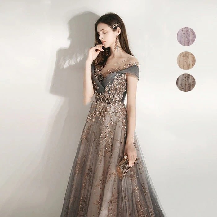 二次会用 ウェディングドレス Aラインワンピース 演奏会 エレガンス ロングドレス 成人式 姫系 発表会/撮影用/お嫁さん/披露宴/花嫁 カラードレス ボートネック