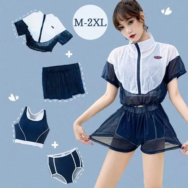 【1～3日で出荷】タンキニ水着 レディース 4点セット フリル セット水着 スポーツ風 半袖 ワイヤーなし パッド付 カジュアル 着せ シンプル セクシー 写真映え 撮影用 海 夏