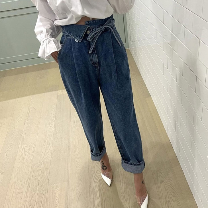 デニムパンツ レディース デニム ジーンズ ボトムス カジュアル ハイウエスト レトロ アシメ アシンメトリー プリーツデザイン ストリート系 ロングパンツ 韓国ファッション