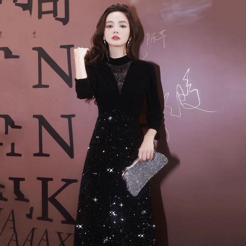 女性のためのブラックドレス2025女性のためのスパンコールドレスバンケット気質アート試験ホストウェルカムスーツ