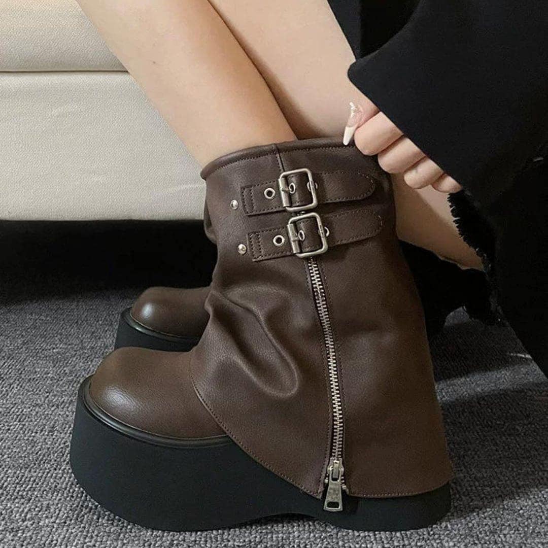 【急速出荷!】ベルト付き ブーツ 靴 ミドルブーツ ジップシューズ PU プラットフォーム 脚長 色っぽ 女っぽ カジュアル きれいめ 大人っぽ 上品 フィット ゆったり フェミニン カジュアル オシ