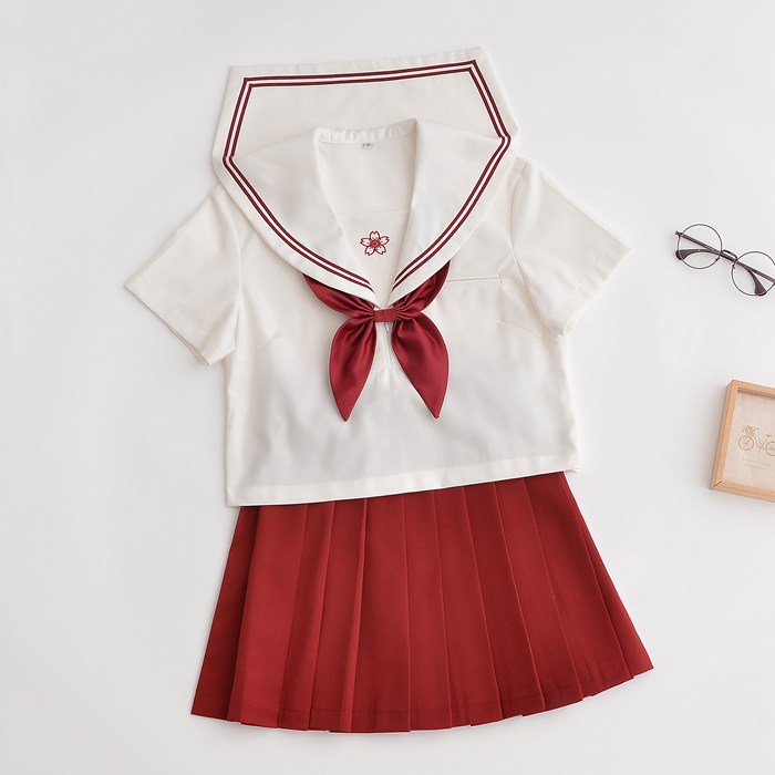 学生服 半袖 白色＋赤色 上下セット セーラー服 リボン 女子制服 JK制服 女子高生制服 コスチュ