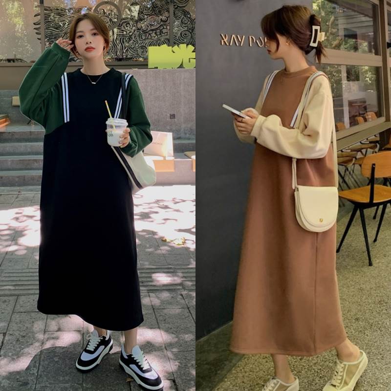 コストパフォーマンス2色 ワンピース レディース ロング丈 マキシ丈 春 秋 バイカラー ブラウン 茶色 ベージュ ブラック 黒 グリーン 緑 長袖 ラウンドネック Aライン かわいい カジュアル 大