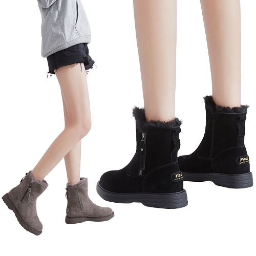 秋冬の暖かいスノーブーツ女性本革insショートブーツファスナーマーティンショートブーツ綿靴女性