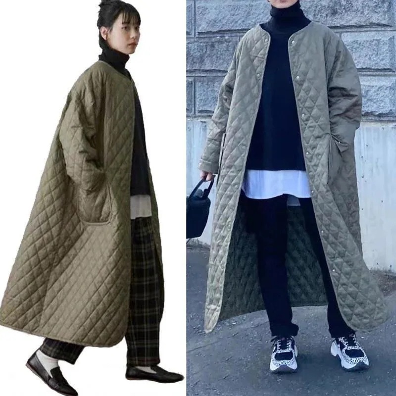 ダウンコート ロング丈 ノーカラー 長袖 中綿コート アウター 防寒 防風 ポケット 厚手 シンプル シンプル人気 防寒性支持 大人向け