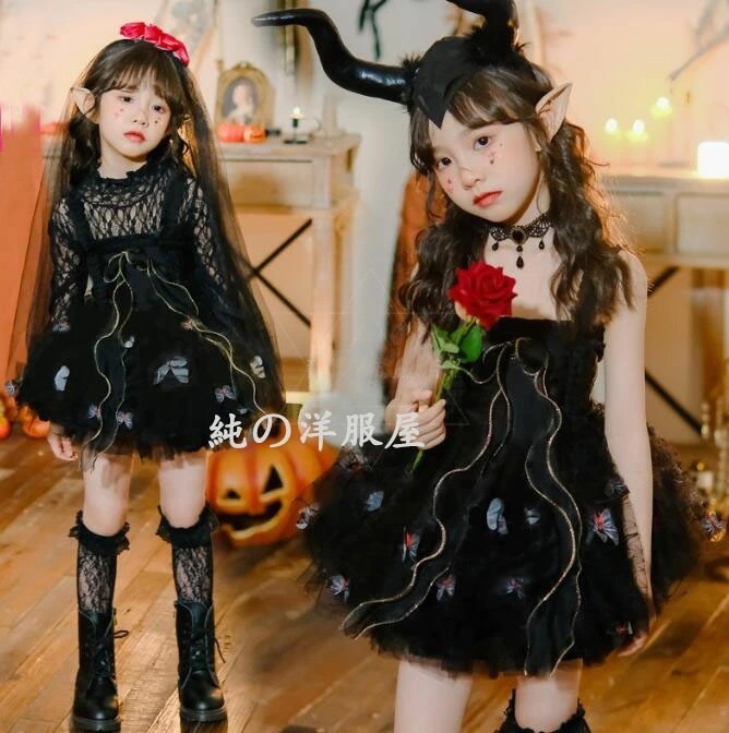 迅速な出荷 ハロウィン コスプレ衣装 女の子 悪魔 妖精 精霊 ゴースト 巫女 コスチューム キッズ 子供 暗黒 ゴスロリ ゴシック ジャンパースカート 蝶々乱舞 チュチュ キャミソール ワンピース