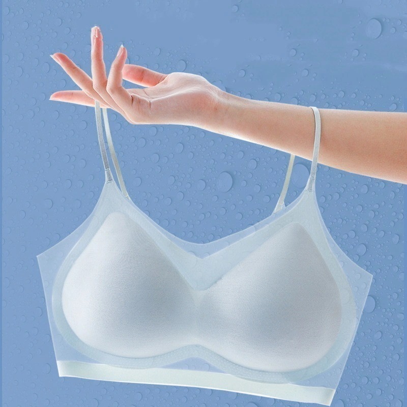 2025新作透気快適アイスシルクブラ下着ブラジャーシームレスノンワイヤーセクシーキャミソーギャザリングヌード感レディース 付きインナー補正下着人気ブラ カップ