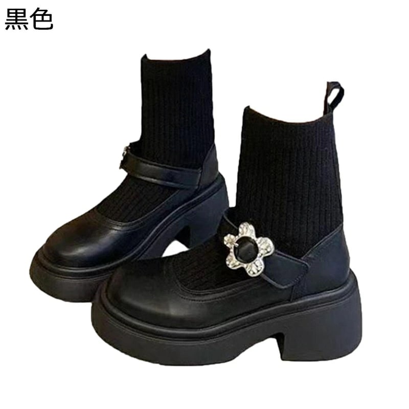ソックスブーツ ニット ラインストーン 花飾り 粗いかかと ショートブーツ ブーティ ハイヒールcm レディース 通気性 カジュアル キレイめ ファッション 痛くない 履きやすい 歩きやすい