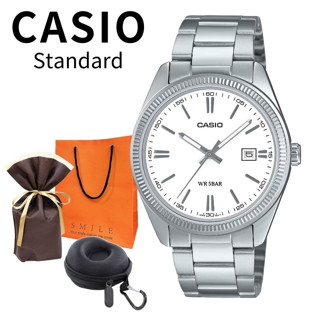 ラッピング済 ギフトセット 正規品 カシオ スタンダード 腕時計 メンズ 父の日 収納ケース付き シンプル アナログ 日付表示 ステンレス 防水 ホワイト シルバー ビジネス フォーマル 男性 ギフト