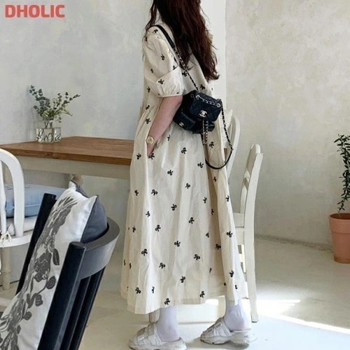 [メガ割りSALE]リボンパフスリーブ刺繍ワンピース