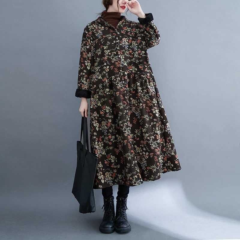人気沸騰 開きコート 長袖 花柄 ロングコート フード付き 前開き トップス 秋 冬 アウター 体型カバー 裏起毛 カラー