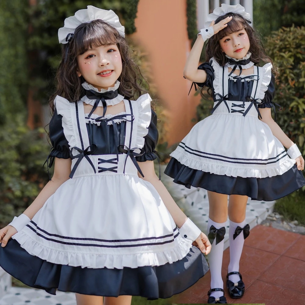日本の女の子 ブラック メイド服 子供服 ロリ メイド かわいい ロリータ ドレス 子供 プリンセス ロリータ