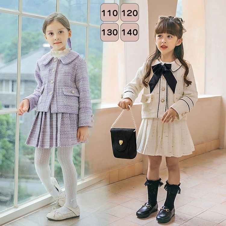 【2枚購入で1oo円OFF】フォーマルスーツ 女子 入学式 子供服 セットアップ ジュニア服 スカートセット プリーツスカート キッズ ジャケット 蝶結び 子供スーツ 卒業式 3点セット 七五三 発表