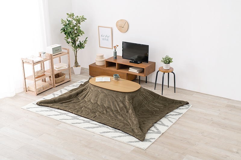 こたつセット こたつ うす掛布団 2点セット ナチュラル/カーキ 90x50cm 木目調 楕円 省スペース 折りたたみテーブル リビングテーブル オールシーズン コタツ