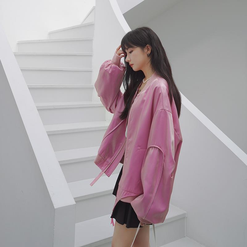 女性用ピンク野球ユニフォーム 2023春韓国風デザインショートカジュアルジャケット