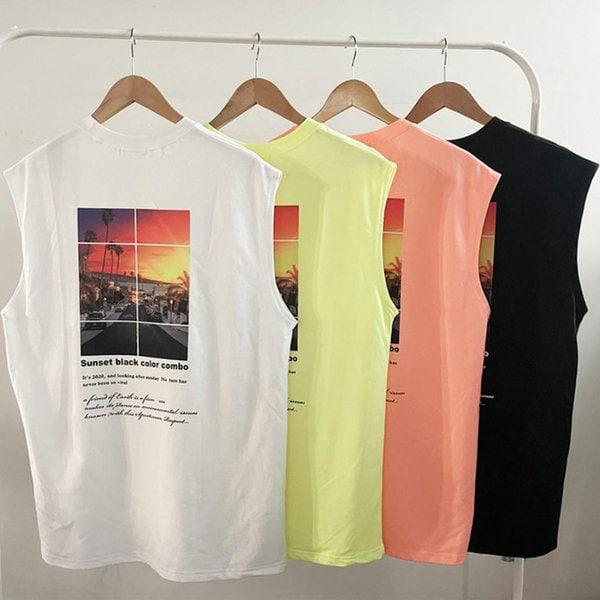 メンズ サンセット ノースリーブ タンクトップ Tシャツ ノースリーブ RB4-TS5-Q033-オレンジ