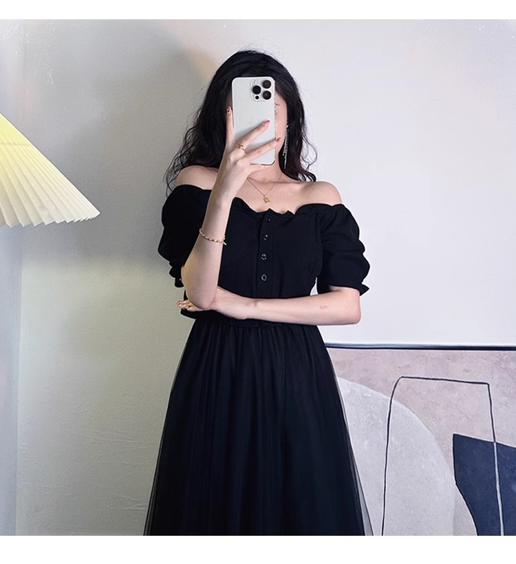 リトル ロック モンスター フレンチ パフスリーブ ブラック ワンショルダー トップ 夏 フリル ハイウエスト ショート Tシャツ 女性 個性的 トップス シャツ 袖あり 半袖 オフショルダー