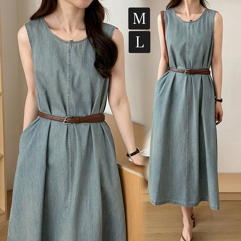【OUTLET！クーポンで3,144円】 デニムワンピース ノースリーブ ワンピース デニム レディース デニムワンピ ベルト付き デニムワンピースロング デニムワンピース夏 ノースリーブワンピース